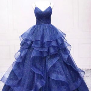 Dark Blue Tulle Layers Long Formal Dress, Blue Tulle with Straps Party Dress